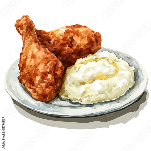 A watercolor vector painting of American fried chicken with mashed potatoes, isolated on a white background. American fried chicken vector.

