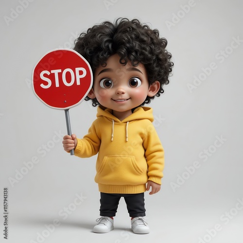 Adorable 3D Render of a Little Boy Holding a Stop Sign photo