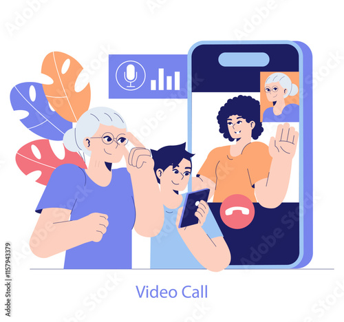 Tech Help Across Generations. Flat Vector Illustration