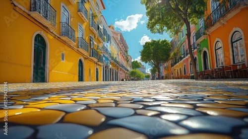 Vibrant colorful street lined with buildings, low angle shot.  Sunlight highlights the colorful mosaic pavement. photo