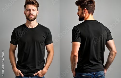 Young man in casual black t-shirt. Front, back view mockup. Man stands in studio setting. Blank t-shirt shows fabric, style. Casual attire for advertising design purposes. Modern, stylish design for