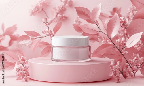 White cosmetic cream jar on a round pink pedestal with decorative pink leaves and flowers.