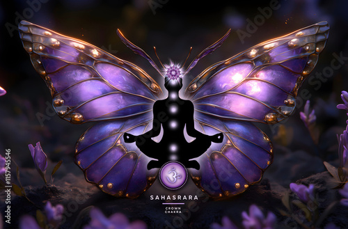 Crown Chakra (Sahasrara) Meditation. Human silhouette in yoga lotus pose, 7 Chakras Symbols, mystical violet butterfly background. Inspiration for meditation, transformation, chakra energy healing.