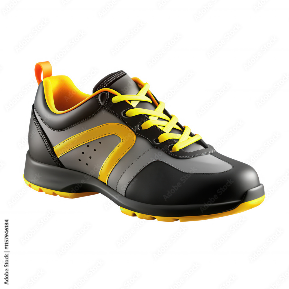 This image showcases a modern sports shoe featuring a black and yellow color scheme. The design is suitable for athletic activities.