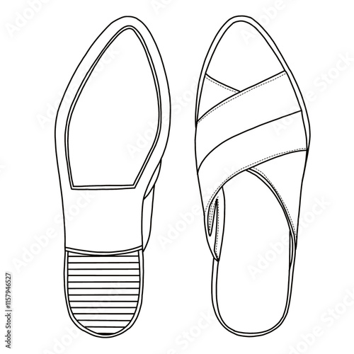 Women's Mules Comfortable shoes Line art, Technical sketch hand drawing outline vector doodle top and bottom view isolated on white background for coloring page