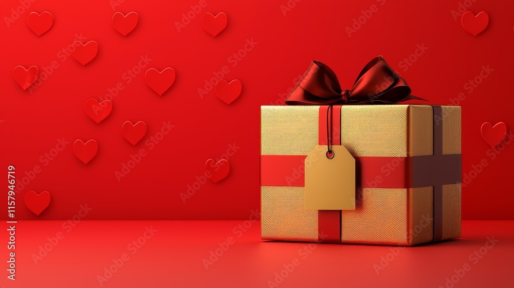 Obraz premium Golden gift box with intricate ribbon details and a tag, elegantly framed by a vibrant red backdrop with seamless love hearts
