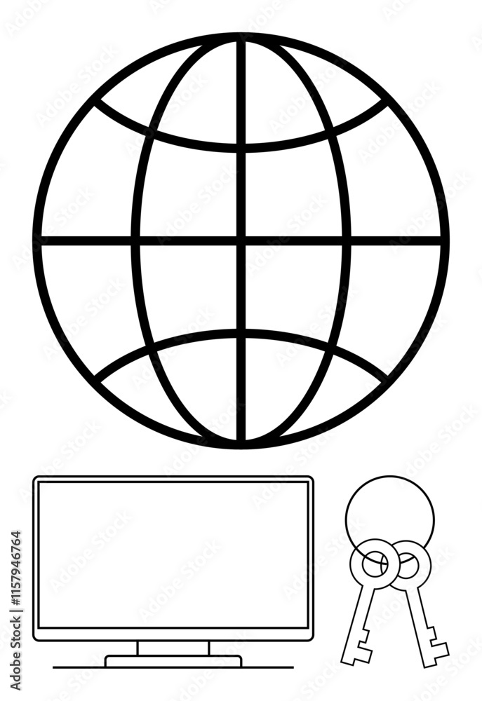 Globe representing global network, desktop monitor, and interconnected security keys. Ideal for online security, global communication, information technology, digital networks, internet usage, web Globe representing global network, desktop monitor, and interconnected security keys. Ideal for online security, global communication, information technology, digital networks, internet usage, web