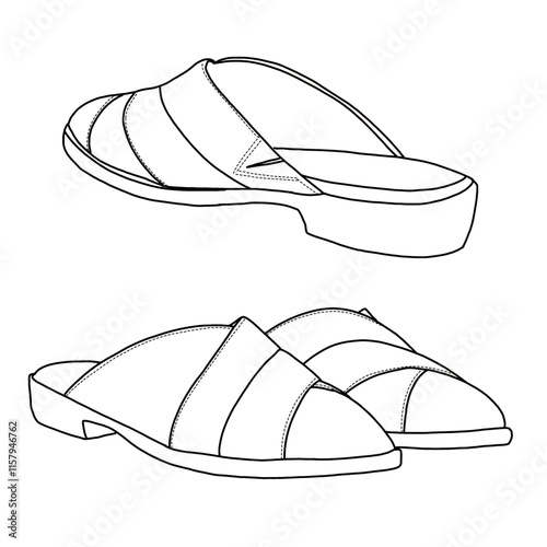 Women's Mules Comfortable shoes Line art, Technical sketch hand drawing outline vector doodle 3D isometric rear and front view isolated on white background for coloring page