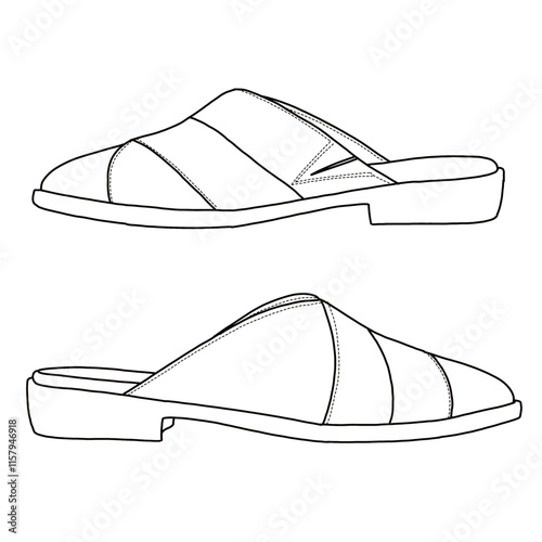 Women's Mules Comfortable shoes Line art, Technical sketch hand drawing outline vector doodle side view isolated on white background for coloring page