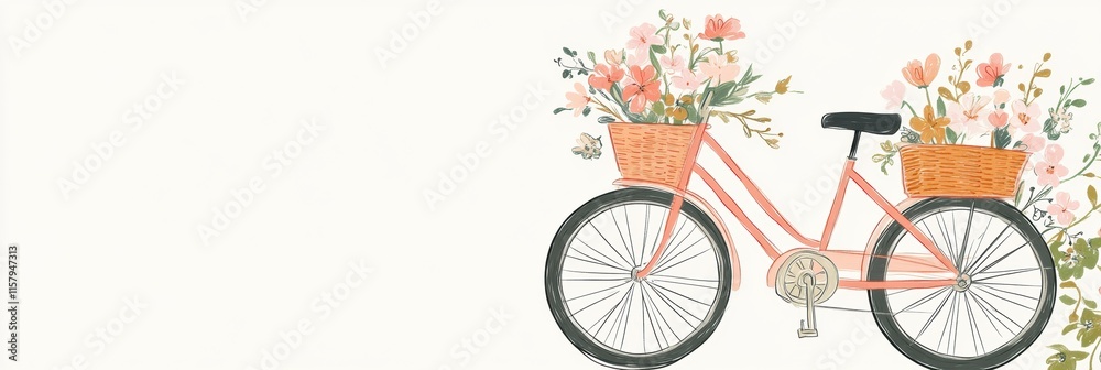 Fototapeta premium Vintage bicycle with flowers in a basket against a light backdrop ready for spring decorations and creative designs. Generative AI