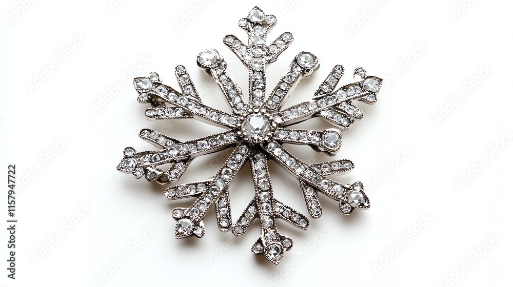 Reflective snowflake brooch with intricate design against a white background. Reflective snowflake brooch with intricate design against a white background.