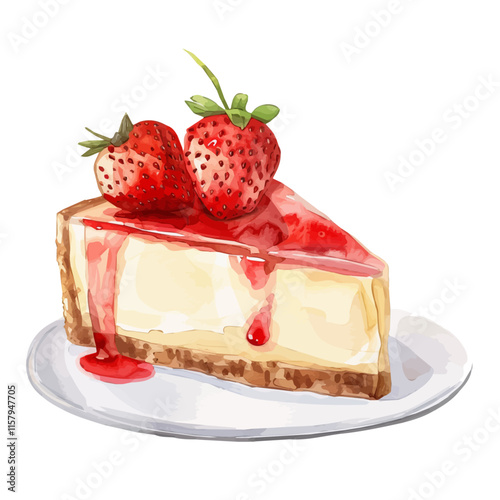 A watercolor vector painting of American cheesecake with strawberry topping, isolated on a white background. American cheesecake vector.

