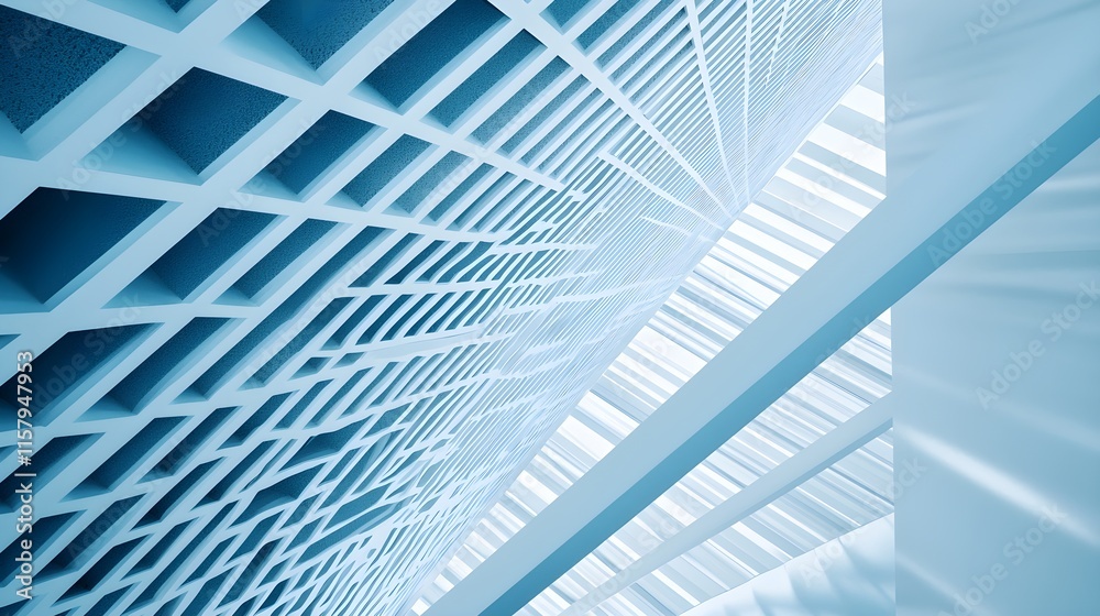 Obraz premium Symmetrical abstract pattern with blue and white geometric shapes, sharp angles, detailed textures, clean and futuristic style, close-up view
