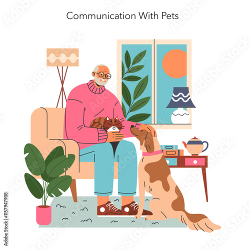 Pensioners Cope With Loneless. Flat Vector Illustration