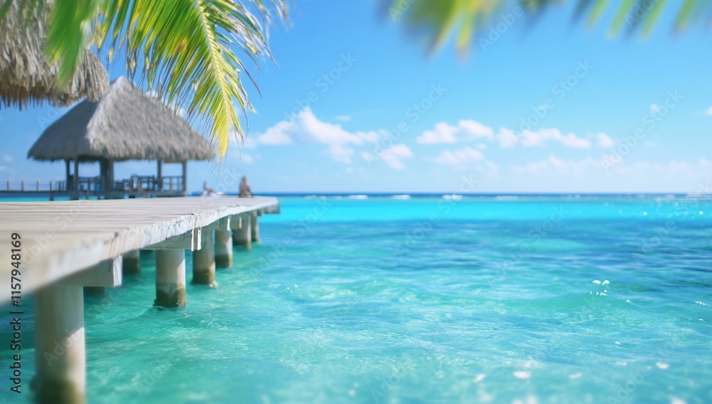 A serene tropical scene featuring a wooden pier over clear blue water.