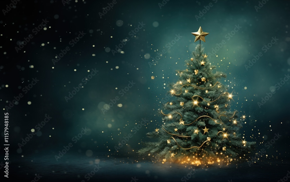 Generative AI of Sparkling Christmas Tree with Golden Details for Holiday Greeting Cards, Winter Celebration Designs, and Seasonal Marketing Content