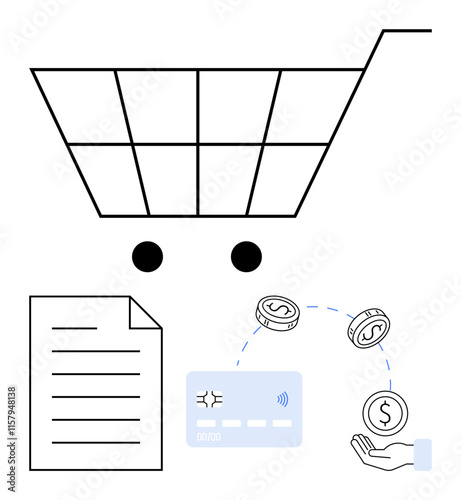 Shopping cart, document, credit card, hand with coins. Ideal for e-commerce, online shopping, payment systems, digital transactions retail management fintech economic activities. Line metaphor