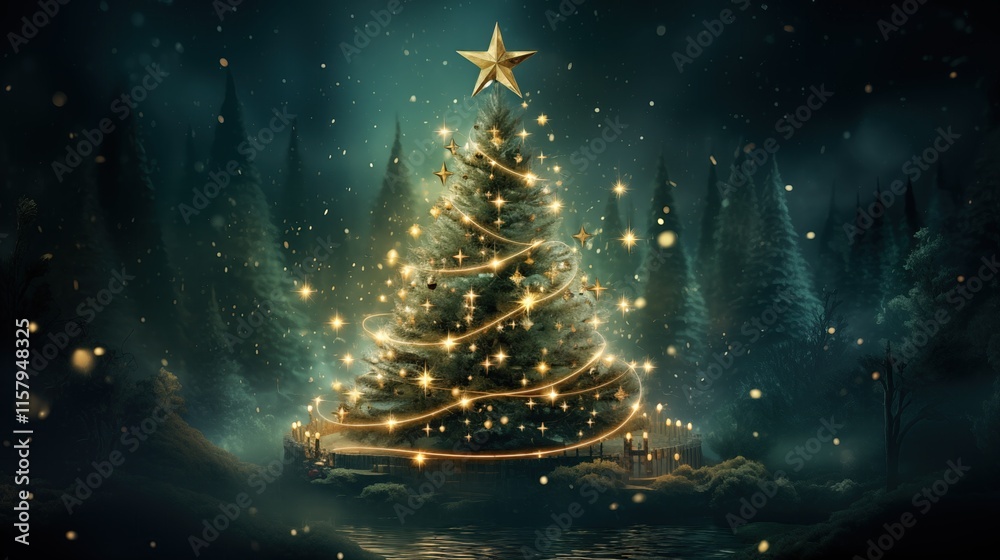Generative AI of Magical Christmas Tree in Enchanted Forest Setting for Winter Wonderland Scenes, Holiday Event Marketing, and Seasonal Digital Backgrounds