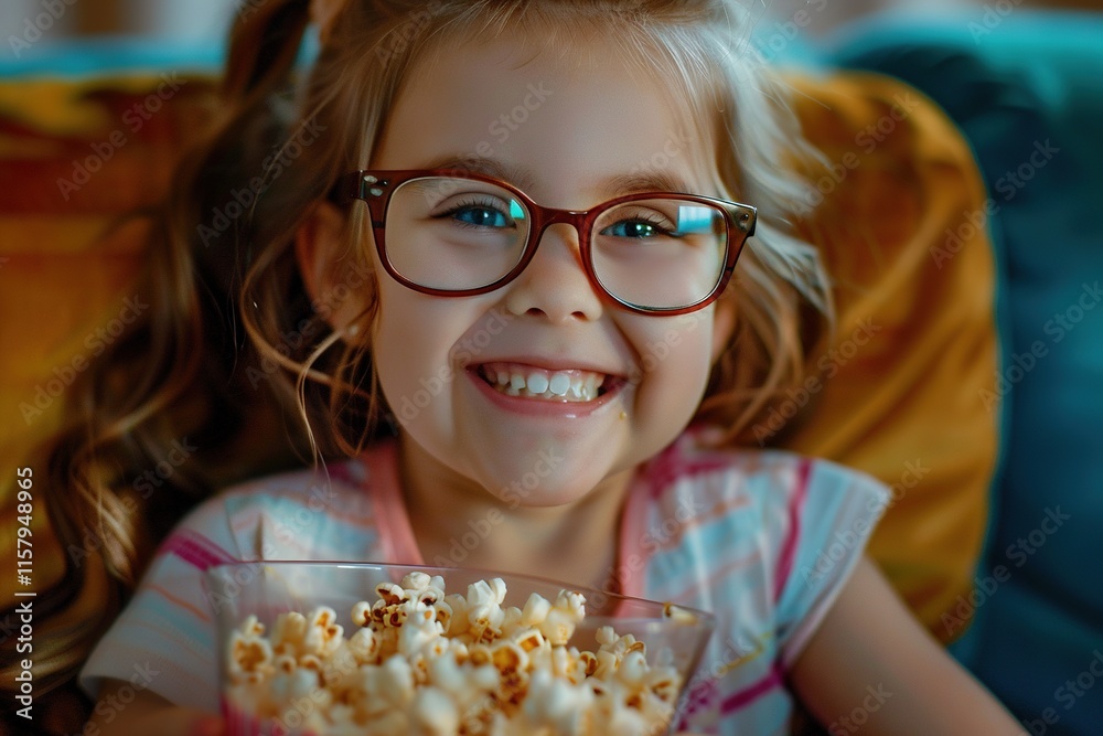 little cute girl watching movie and eating popcorn little cute girl watching movie and eating popcorn