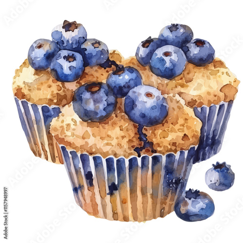 A watercolor vector painting of American blueberry muffins with a crumb topping, isolated on a white background. American blueberry muffins vector.

