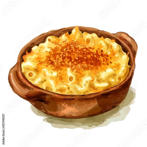 A watercolor vector painting of American baked mac and cheese with breadcrumbs, isolated on a white background. American baked mac and cheese vector.

