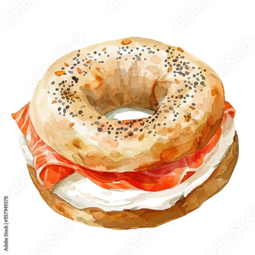 A watercolor vector painting of American bagel with cream cheese and smoked salmon, isolated on a white background. American bagel vector.

