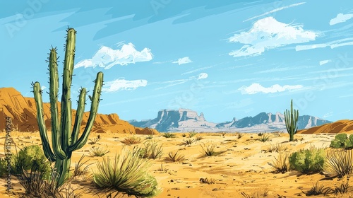 A desert landscape with tall cactus and distant mountains under a blue sky with white clouds