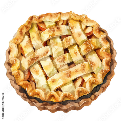 A watercolor vector painting of American apple pie with cinnamon and vanilla ice cream, isolated on a white background. American apple pie vector.

