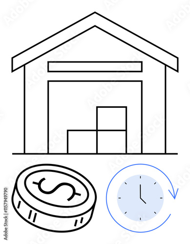 Warehouse with stacked boxes, dollar coin, and clock. Ideal for logistics, inventory control, storage solutions, supply chain, cost efficiency time management business operations. Line metaphor photo