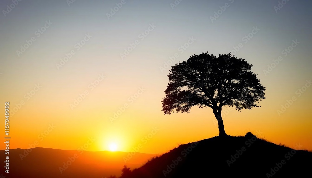 Obraz premium Majestic Sunset Silhouette Lone Tree on Hilltop