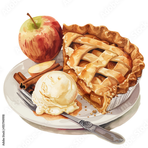A watercolor vector painting of American apple pie with cinnamon and vanilla ice cream, isolated on a white background. American apple pie vector.

