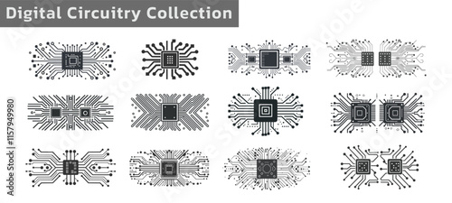 Collection of digital circuitry illustrations featuring microchips and PCB designs, perfect for technology