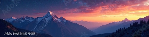 Landscape of mountains at dusk with a warm golden glow and Milky Way stars, mountain peaks, Milky Way, photo