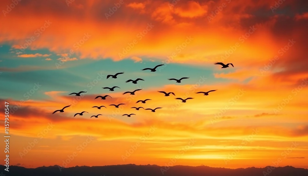Sunset Silhouette Flock of Birds Flying at Golden Hour Sunset Silhouette Flock of Birds Flying at Golden Hour