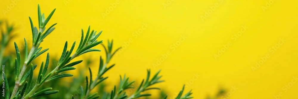 Fresh green rosemary herb falling gently through air against yellow background, garden, fall Fresh green rosemary herb falling gently through air against yellow background, garden, fall
