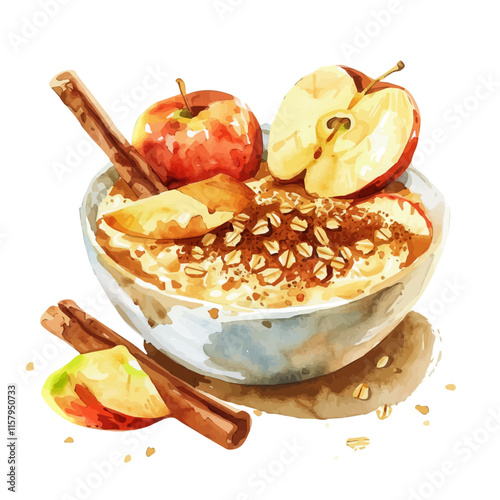 A watercolor vector painting of American apple crisp with oats and cinnamon, isolated on a white background. American apple crisp vector.

