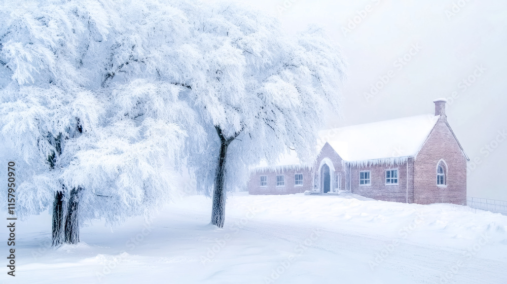 Ice storm covering trees and small brick building in winter Ice storm covering trees and small brick building in winter