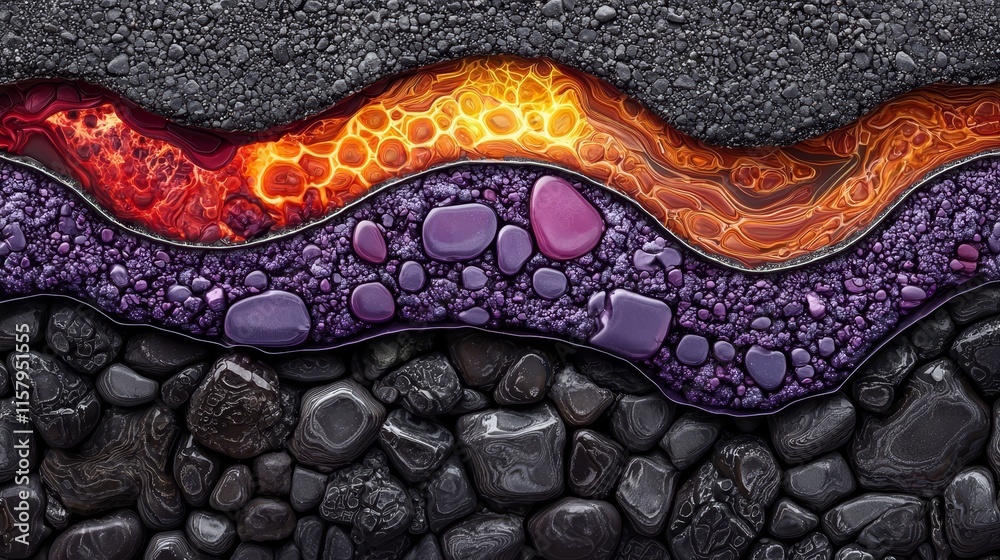 Earth layer cross-section, plates at divergent boundary, magma surge, rock textures in detail, vibrant colors representing geological activity Earth layer cross-section, plates at divergent boundary, magma surge, rock textures in detail, vibrant colors representing geological activity