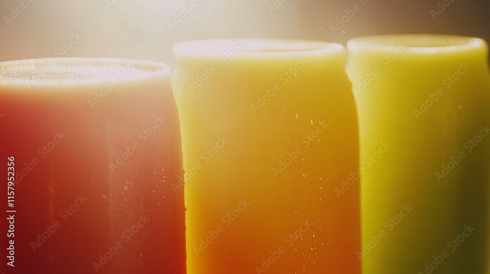 Vibrant Fruit Juices Close Up with Natural Lighting