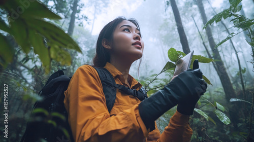 Malay woman forest ranger with a rugged at foggy dense forest conservation photo