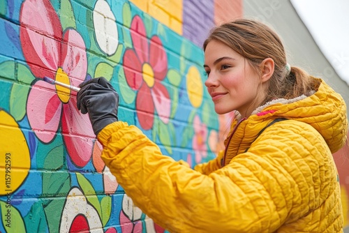 Young woman paints vibrant flowers on a wall mural during a sunny afternoon in an urban location photo