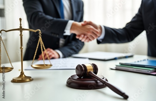 Two lawyers shaking hands in office setting. Legal documents, gavel on table. Image evokes justice, legal concepts as contract law, legal advice, transaction. Workplace environment suggests photo