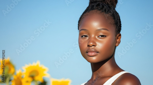 African girl in a white dress enjoy sunbathing at sunflowers park photo