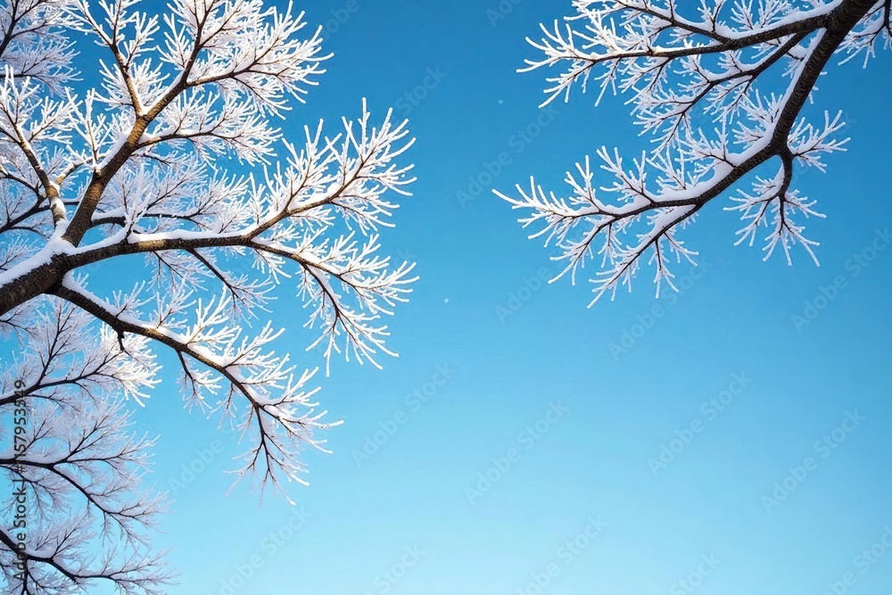 Blue sky with stretching, frosty tree branches, sky, stretching, wintery Blue sky with stretching, frosty tree branches, sky, stretching, wintery