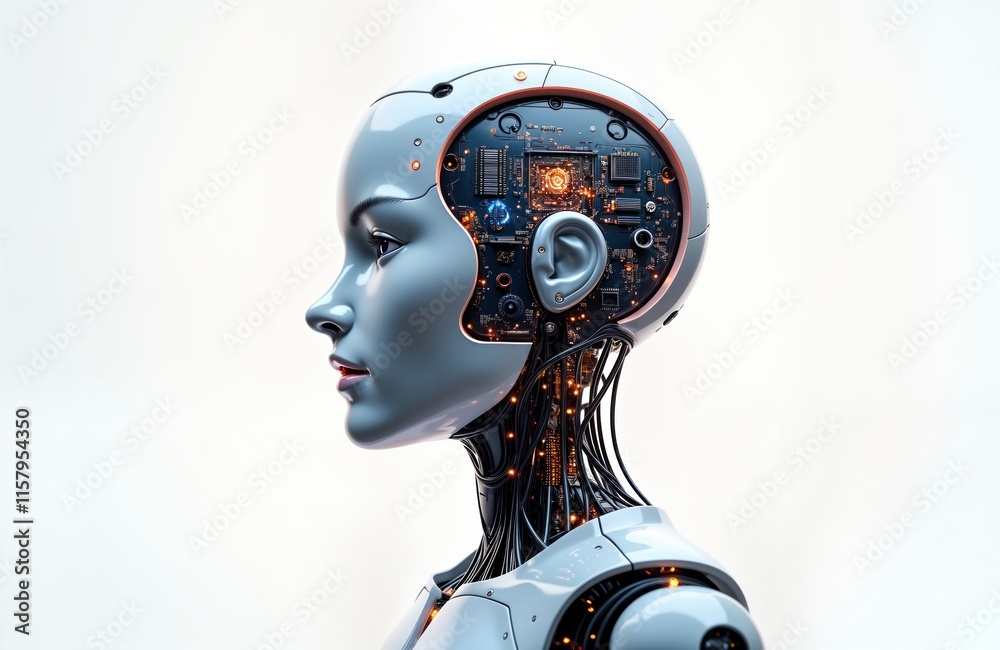 Futuristic robot head tech innovation. Artificial intelligence concept illustrated. 3D rendered image highlights complex tech design. Robot head design offers complex details. Robotic head with Futuristic robot head tech innovation. Artificial intelligence concept illustrated. 3D rendered image highlights complex tech design. Robot head design offers complex details. Robotic head with