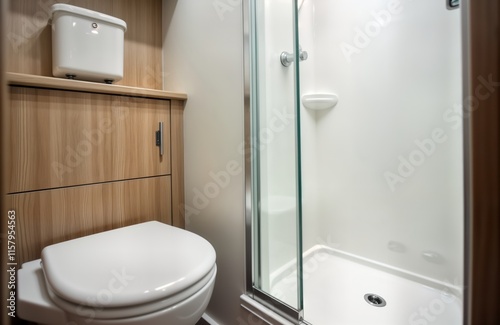 Small modern toilet, shower in mobile home. Compact, convenient bathroom amenities for travel camping. Light, bright interior design. New equipment, furniture. Interior space organized for comfort. photo