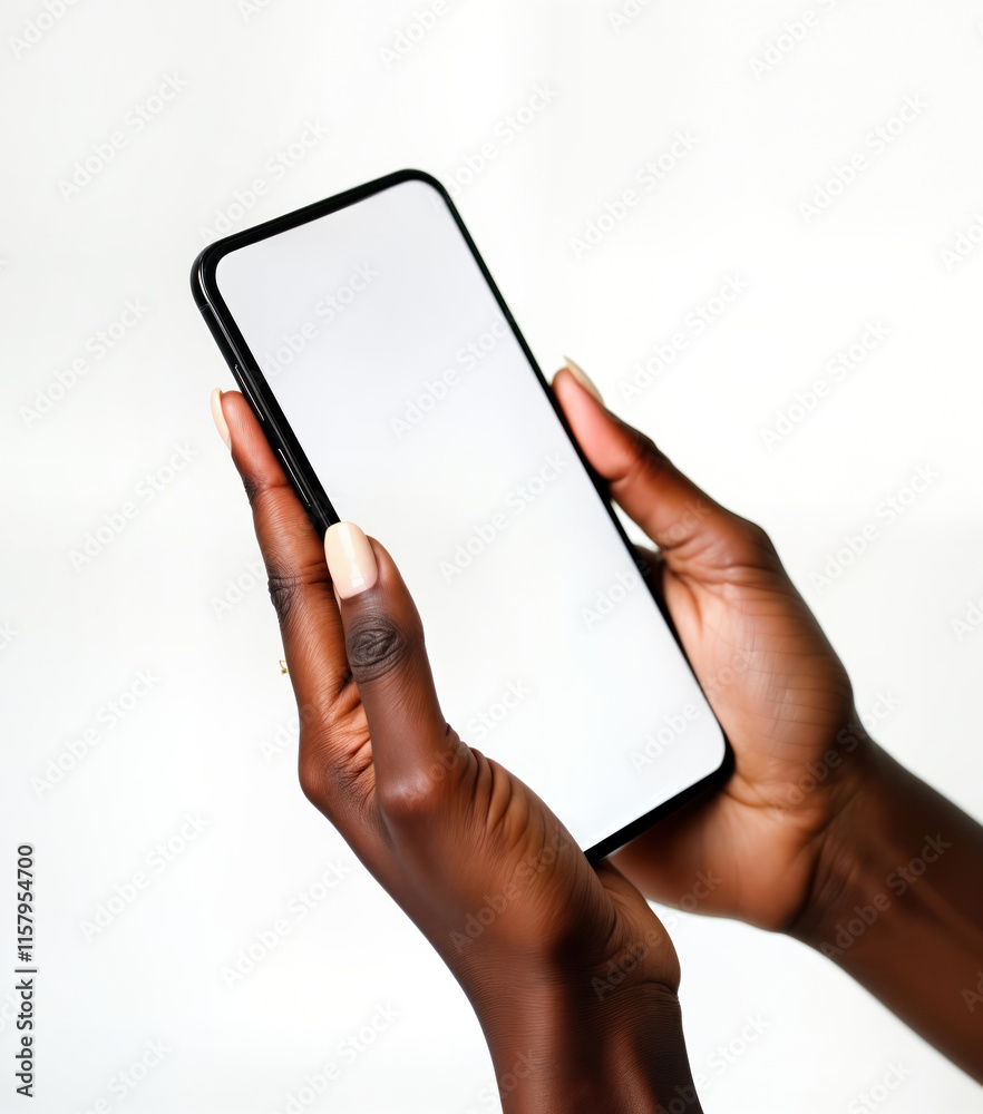 Black woman holds modern smartphone. Blank screen faces viewer. Closeup shot against white background. Isolated image tech device in hands. Woman likely looking at phone display. Image represent Black woman holds modern smartphone. Blank screen faces viewer. Closeup shot against white background. Isolated image tech device in hands. Woman likely looking at phone display. Image represent