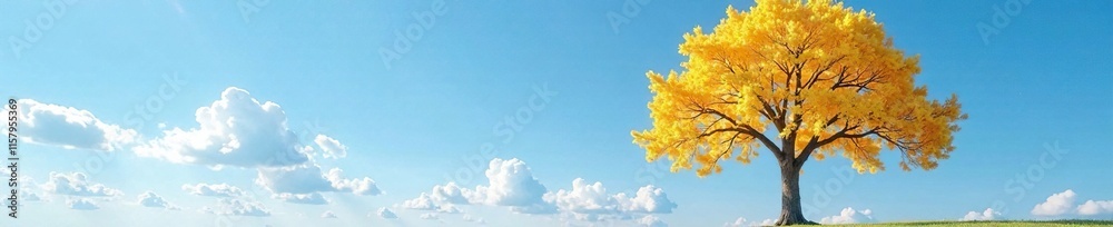 Solo ginkgo tree against a backdrop of blue clear sky and clouds, autumn foliage, yellow