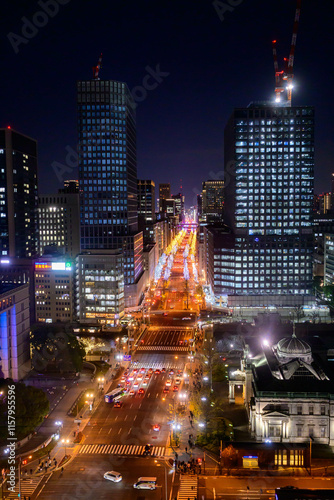 イルミネーションに輝く大阪御堂筋の夜景。12月に高層ビルの展望台より撮影