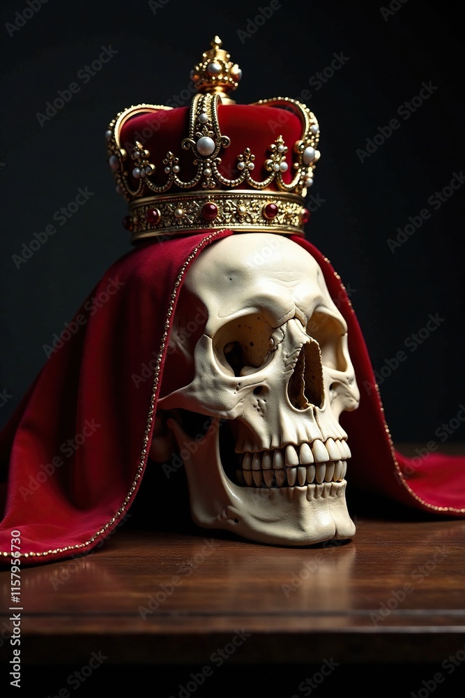 Fototapeta premium Skull with velvet crown on top of a cloth, placed on a dark wooden table, regalia, royal